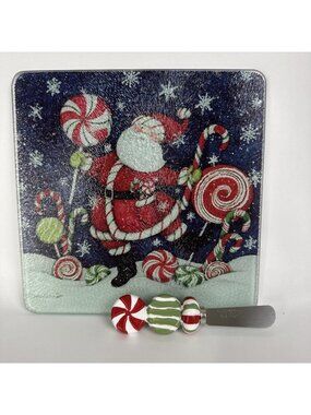Santa Glass Cheese Board w Spreader Susan Winget NEW Open Box holiday party